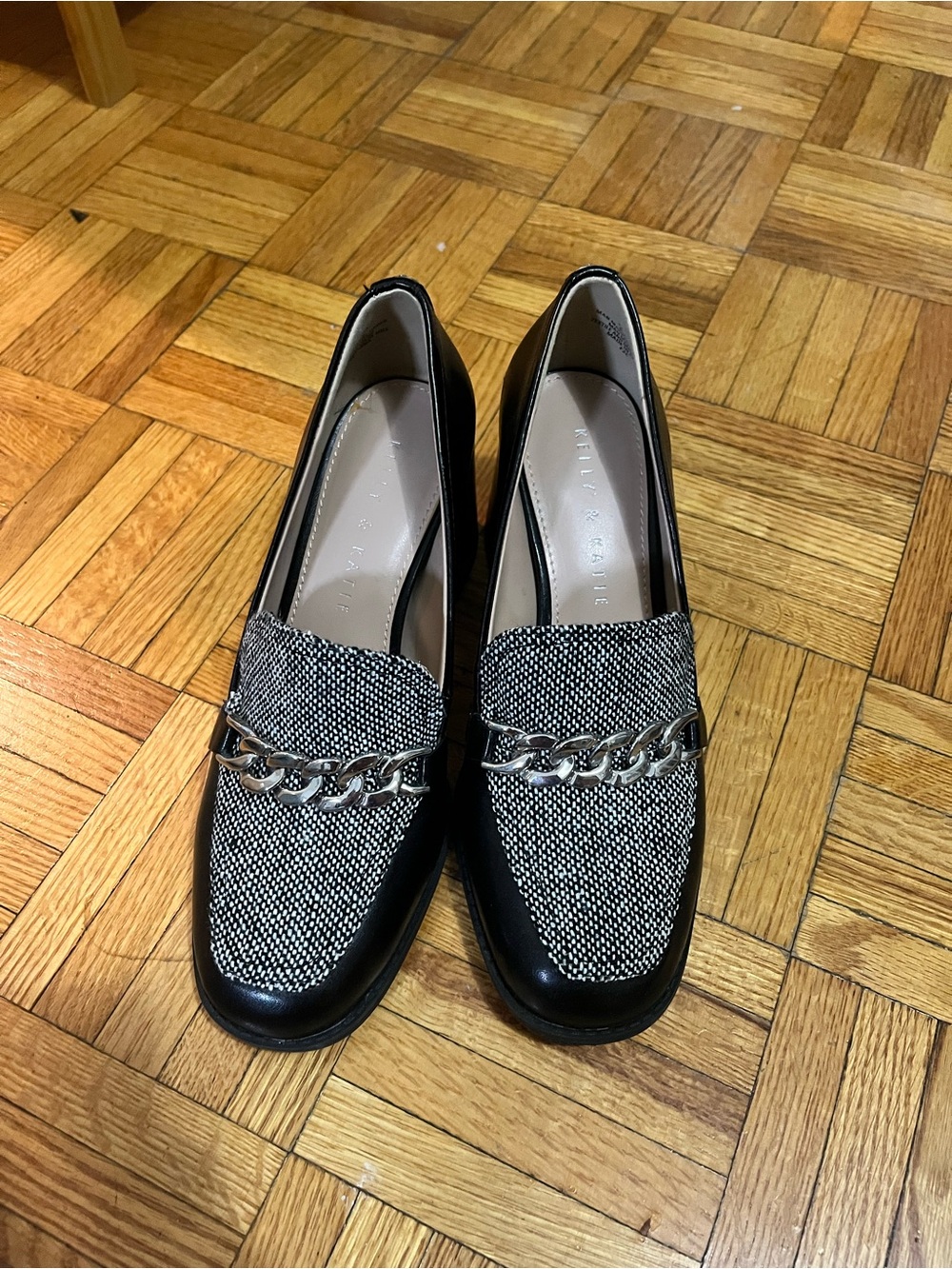 Kelly & Katie Black and Gray Chain-Trim Loafers